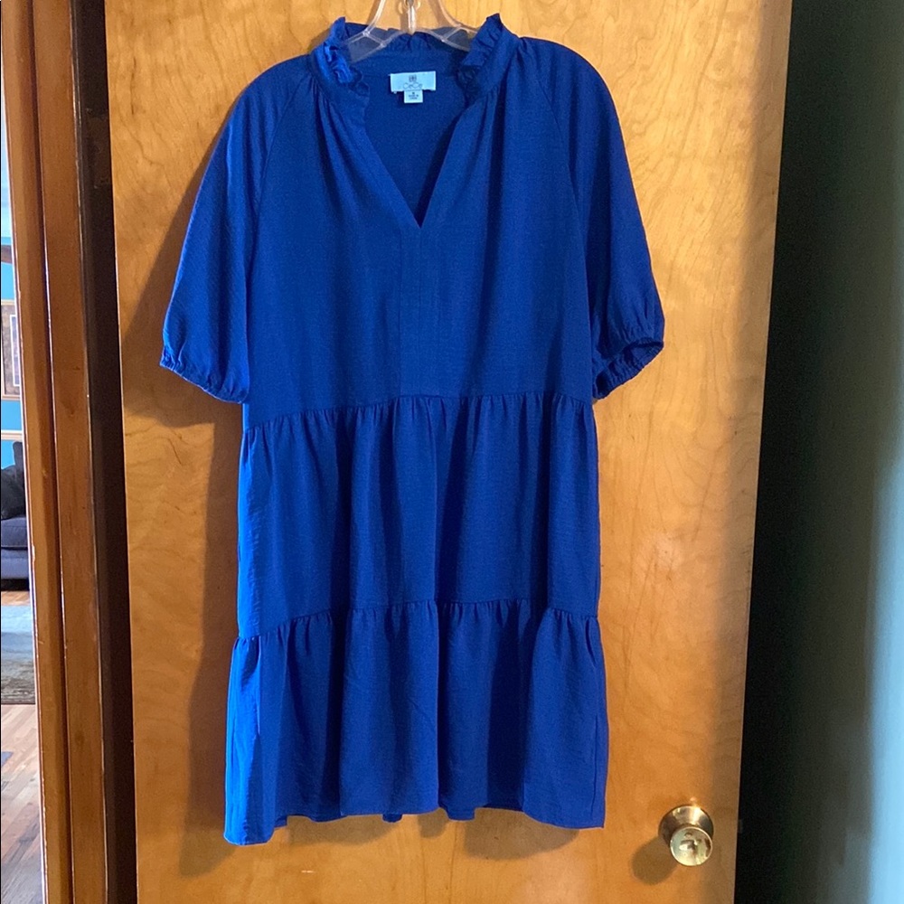 CeCe Blue V-Neck Dress with Ruffles